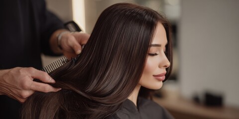 Fototapeta premium Professional hairstylist grooming a woman's long, shiny hair in a modern salon setting