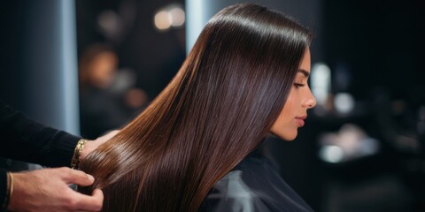 Professional hairstyling session showcasing sleek, smooth hair transformation in a modern salon
