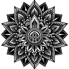 Black and white mandala design with floral and geometric patterns, symmetrical vector illustration, perfect for tattoos or decorative art