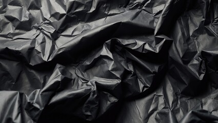Close-up of black crumpled paper or fabric with textured folds and wrinkles.