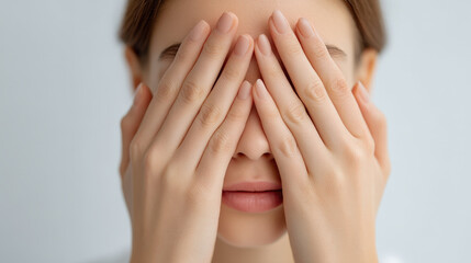 Person covers their face with hands creating sensitive and mysterious content