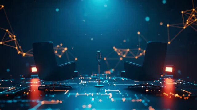A futuristic interview setting featuring two modern chairs facing a microphone surrounded by a glowing digital backdrop with abstract connections ideal for podcasts or tech discussions