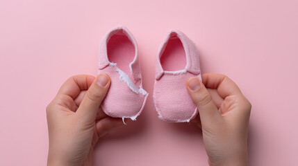 Pink baby shoes held by hands on pastel background convey sensitive content with gentle touch