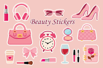 Set of glamorous stickers for planner in pink color. Cute and stylish elements: lipstick, high heels, headphones, bow, coffee cup with heart, sunglasses, compact mirror, alarm clock, pink handbag, win