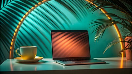 Laptop and cup of coffee on the beach table with ocean background