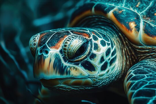 Closeup of a sea turtles head with detailed patterns