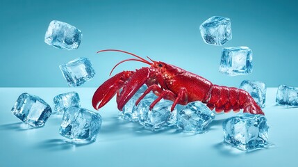 Lobster with ice cubes on blue background: seafood freshness culinary concept