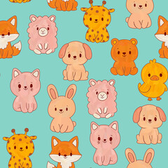 Different kinds of cute animals on blue background pattern. Baby animals wallpaper. Simple children's illustration for print clothes textiles