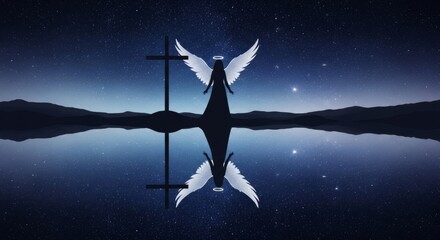 Fototapeta premium Angelic Reflection at Night - Serene symbolizing faith, hope, peace, spirituality, and eternity. Silhouette of an angel and cross reflected in still water under a starry sky