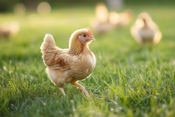 Fototapeta premium A single chicken walking in a grassy field at sunset