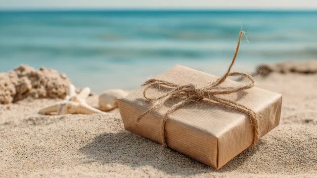 Square kraft paper gift with natural twine ribbon resting on a sandy beach corner, sea and sky view behind,