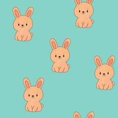 Cute hares and rabbits on blue background pattern. Baby animals wallpaper. Simple children's illustration for print clothes textiles