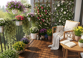 Beautifully decorated balcony with blooming flowers and comfortable seating