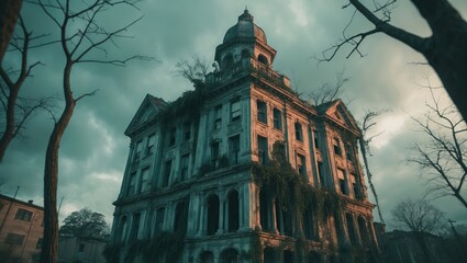Obraz premium A haunted or abandoned building with an old architectural style, surrounded by barren trees against a moody sky.