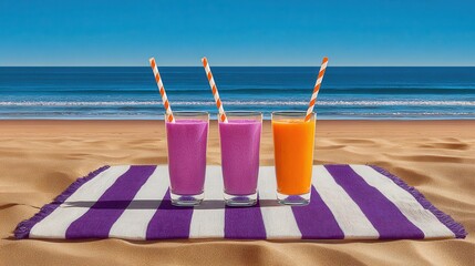 Colorful smoothies on beach picnic with ocean view