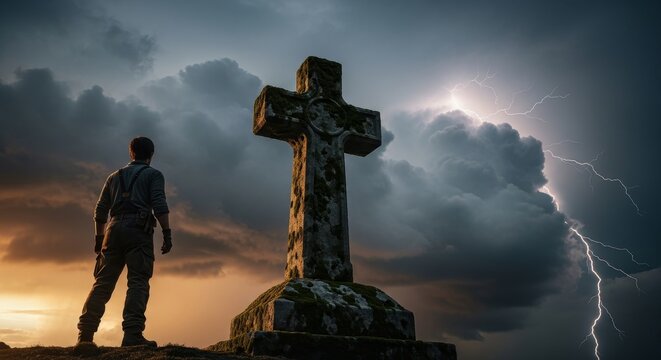 Man Contemplating Cross During Storm - Silhouette of a man standing before a stone cross during a dramatic thunderstorm sunset