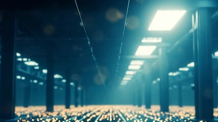 A futuristic digital landscape featuring a grid of glowing particles illuminating an expansive warehouse space creating a sense of depth and technology in a modern environment - Powered by Adobe