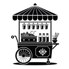 Obraz premium Asian summer drink cart with hanging cups, juice jugs, shaved ice box, fresh cut fruit tray, ladles, straws, and chill box black and white vector