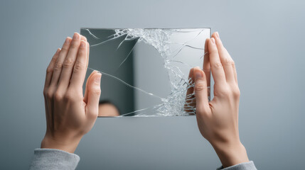 Person holds broken mirror reflecting sensitive content with cracked surface