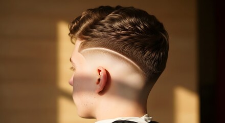 Sharp fade haircut with a stylish design line on a young man's head, showcasing modern barber artistry and a clean, defined look.