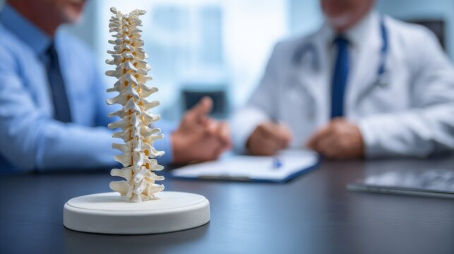 Doctor discusses patient’s spine health with spine model in medical office during consultation