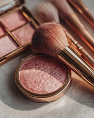 Elegant minimal close up showcasing realistic cosmetic products, including blush and brushes, highlighting beauty essentials for makeup enthusiasts. soft lighting enhances textures and colors