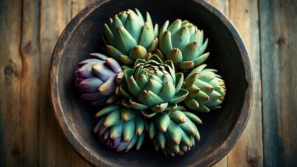 A bowl of green and purple succulents on a wooden surface.