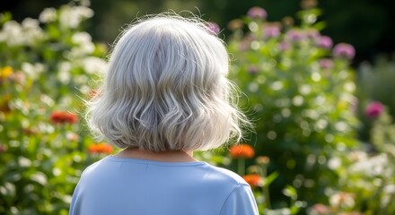 Serene senior woman with silver hair enjoys a peaceful moment surrounded by vibrant blooming flowers in a sunlit garden, evoking tranquility and natural beauty.