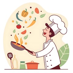 Cheerful Male Chef Vector Tossing Vegetables in Flaming Pan in Colorful Kitchen | Flat-Style Cooking Illustration