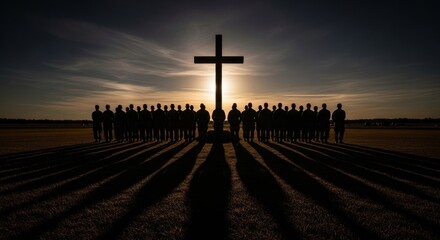 Soldiers Silhouette at Sunset Cross - Faith, unity, hope, sacrifice, and peace symbolized by soldiers silhouetted against a sunset with a cross