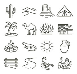 Desert line art: cactus, camel, tent, and wilderness elements