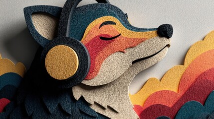 A colorful, artistic depiction of a fox wearing headphones, exuding a relaxed vibe.
