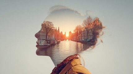 A creative double exposure of a woman's silhouette against a scenic sunset in Amsterdam.