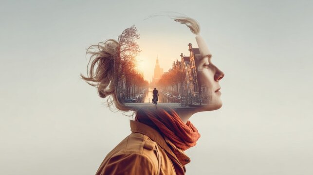A creative double exposure of a woman's profile blended with a city street scene at sunset.