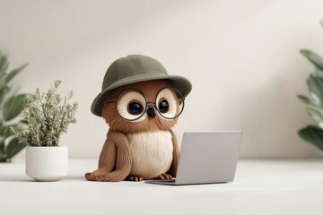 A cute cartoon owl wearing glasses and a hat sits in front of a laptop, surrounded by plants.