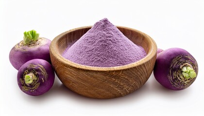 fresh organic purple turnips with their powdered form in a rustic wooden bowl isolated on white background