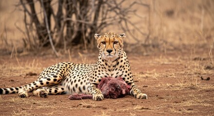 Naklejka premium Graceful Cheetah Enjoying a Fresh Kill in the African Savannah