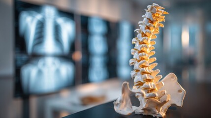 Detailed view of a spinal model in a medical lab with X-ray images in the background