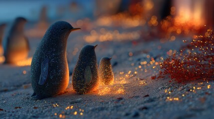 Three adorable penguins standing on sandy beach with glowing lights and soft ocean waves in background