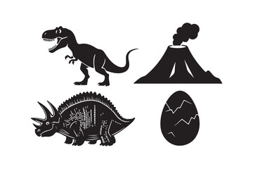 Dinosaur icons including t rex triceratops volcano and egg in black and white © Sadek