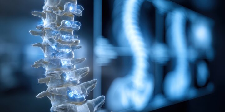 Visualization of human spine and vertebrae with x-ray background on display in a medical facility - Powered by Adobe
