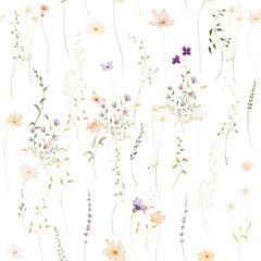 Elegant Watercolor Wildflower Seamless Pattern: Soft Pastels, Dark Background, Romantic Mood.