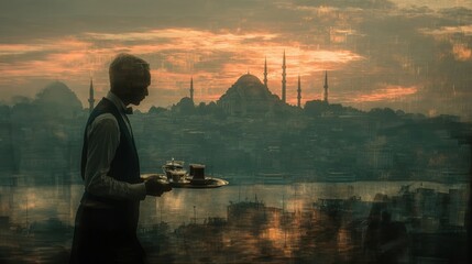 A silhouette of a waiter holding a tray with coffee against a sunset backdrop featuring Istanbul's skyline.