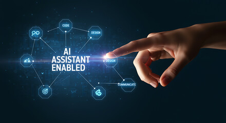 Hand touching A I assistant enabled technology interface