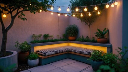 Obraz premium Outdoor patio space with string lights, seating area with striped cushions, and potted plants against a wall.