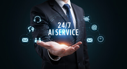 Man presenting A I service with digital icons artificial intelligence