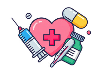 3d icon of medical symbols including heart, syringe, and medicine isolated on transparent background