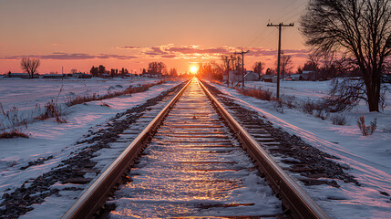 Fototapeta premium Golden sunset over snow covered railroad tracks leading into the distance