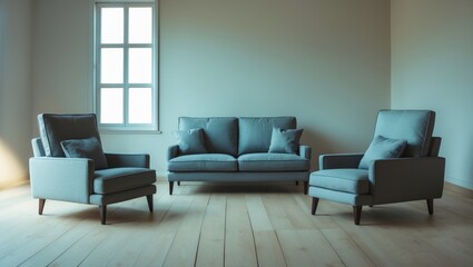 A living room with three blue sofas and a window letting in natural light, creating a cozy and minimalist space.