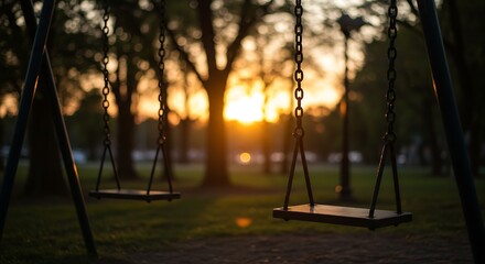 Sunlight filters through trees, casting a warm glow on a pair of empty, quiet playground swings